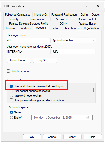 User must change password at next logon