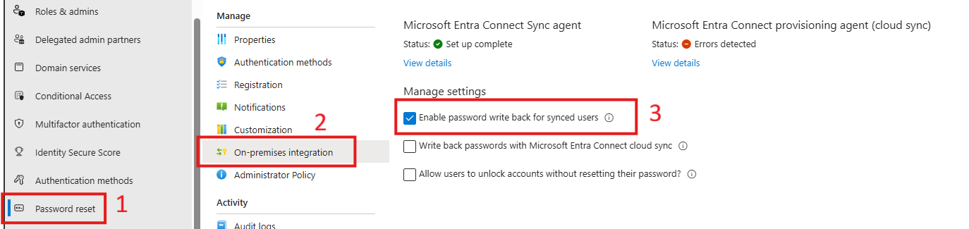 Password writeback enabled in Entra portal Password writeback enabled in Entra portal