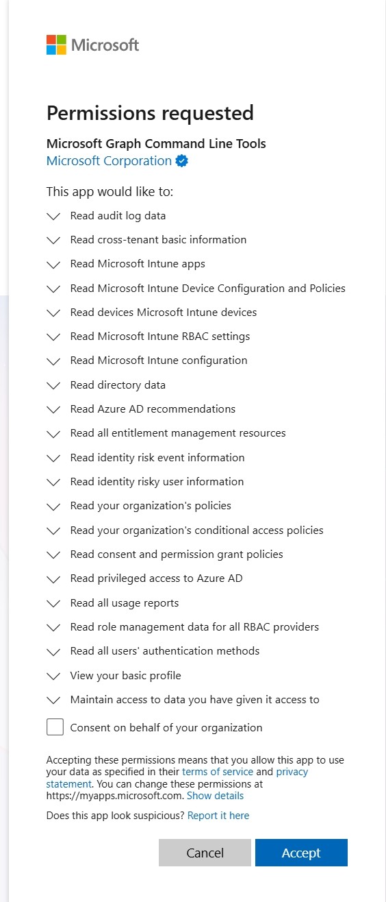Microsoft Graph Command Line Tools permissions