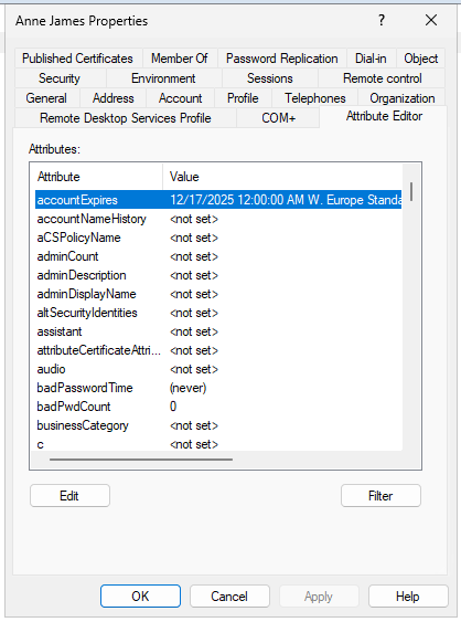 Active Directory account expiration attribute