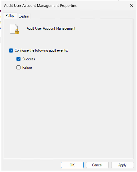 Audit User Account Management policy Audit User Account Management policy