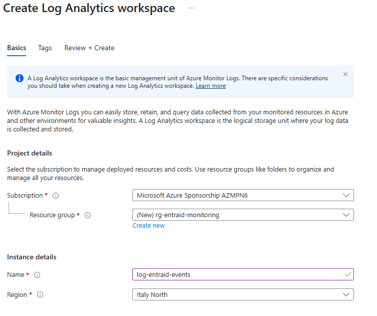 Create Log Analytics workspace Create Log Analytics workspace