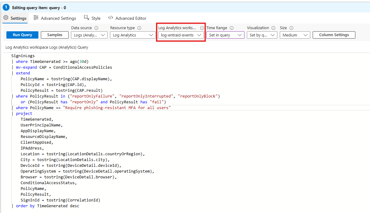 Sample query in Azure Monitor workbookor Sample query in Azure Monitor workbook