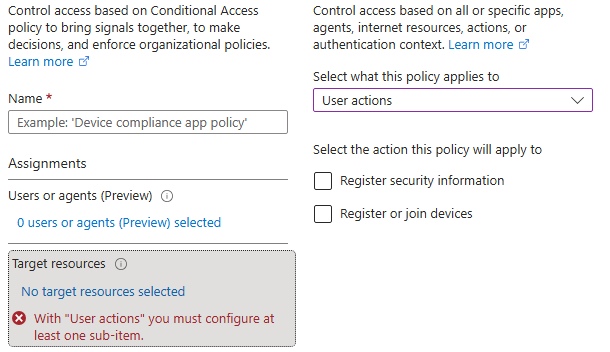 Conditional Access policy user actions Conditional Access policy user actions