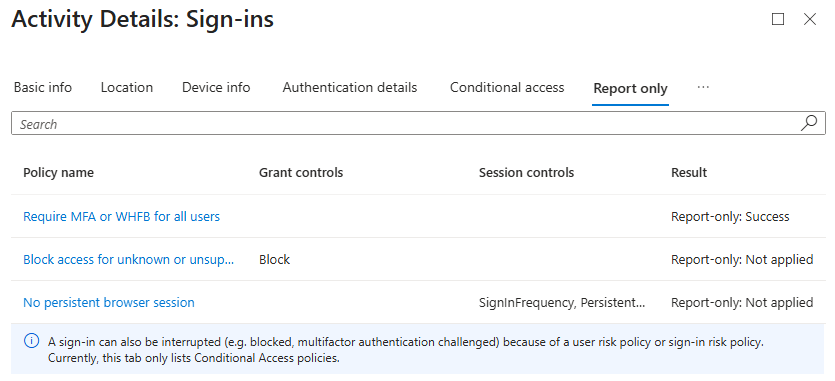 Report only section in sign in logs