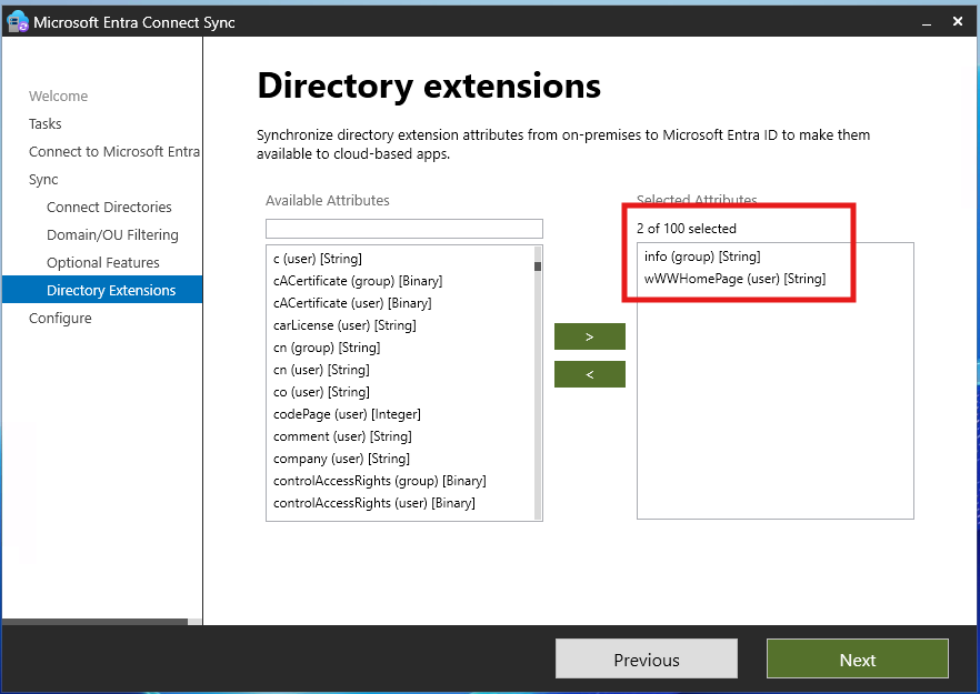 Entra Connect Sync directory extension attribute selection