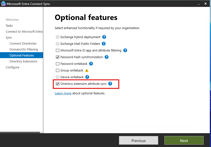 Entra Connect Sync enable directory extension attribute sync